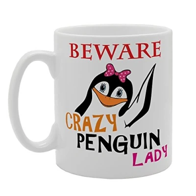 Image of MG1050 Beware Crazy Penguins Lady Novelty Gift Printed Tea Coffee Ceramic Mug