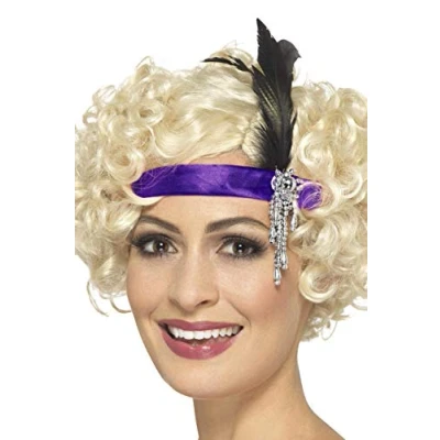 Image of Smiffys Purple Satin Charleston Headband, with Feather &amp; Jewel Detail, 1920&#039;s Razzle Fancy Dress, Adult Dress Up Accessories