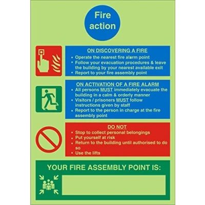 Image of Seco Fire Action Prisons Sign, 200mm x 300mm Photoluminescent 1mm Semi Rigid Plastic