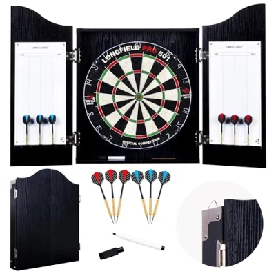 Image of Engelhart 065015 Wooden Dart Cabinet + Sisal Dartboard 2 Sets of 18 g Darts (Black)