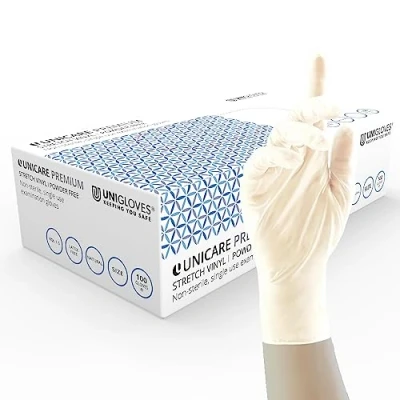 Image of Unicare Premium Stretch Vinyl Disposable Gloves, Powder Free, Latex Heavy Weight, Box of 100 Natural, Size Medium (GU0073 A)