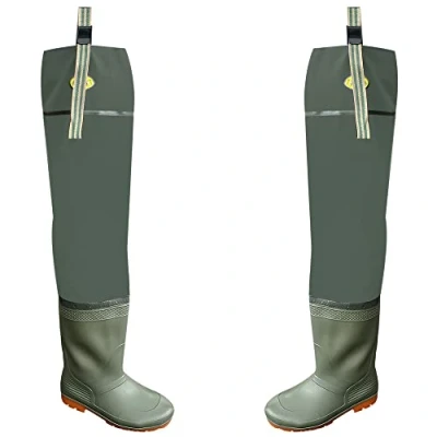 Image of Crystals [DY46 Lightweight Hip Waders with Cleated Sole for Fishing and Hunting PVC Bootfoot Thigh Wader Waterproof Available in Sizes 8 to 11 Men Women, Green (UK EU 45)