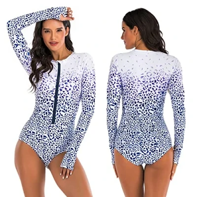 Image of Beachkini One Piece Swimsuit for Women Long Sleeved Swimwear with Front Zip Triangle Swimsuit,White Purple,M