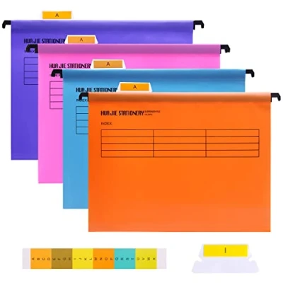 Image of Srvnpioy Foolscap Suspension Files with Tabs and Card Inserts for Filing Cabinets (4 Colour) Plastic Hanging File Folders Office Company