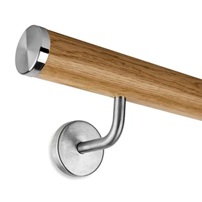 Image of Oak Handrail Set 45mm incl. Stainless Steel end caps and 2 Brackets (170 cm + Brackets)