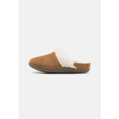 Image of Sorel Nakiska Slide II Mules, Women&#039;s, Size: 6, Camel brown/naturel Leather and textile