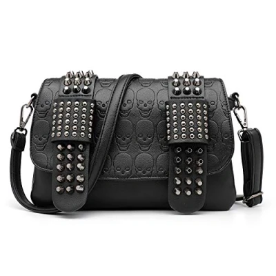 Image of LUI SUI Women Gothic Punk Skull Rivet Studded Crossbody Bag PU Leather Shoulder Handbag Wallet Purses