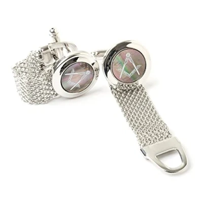 Image of The Masonic Collection Onyx Rhodium Plated Cufflinks for Men Comes in Velvet Pouch Square &amp; Compass Quality Freemason Gifts