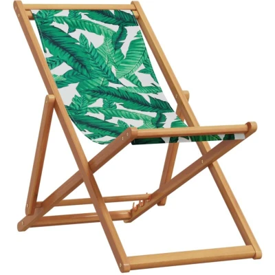 Image of vidaXL Folding Beach Chair Leaf Pattern Solid Wood Eucalyptus and Fabric