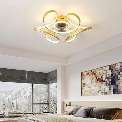 Image of KeLuKes 45cm Ceiling Fans with Lights Dc Reversible Fan Light Silent Dimmable 6 Speed Flush Mount Lamps for Bedroom Living Room, Gold