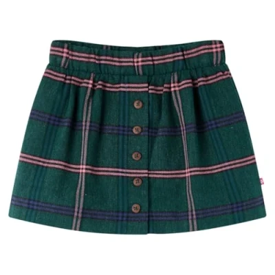 Image of vidaXL Dark Green Plaid Pattern Skirt with A line Design and Faux Button Details, 100% Cotton Size 128 for Kids (7 8 Years)