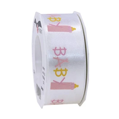 Image of Präsent Baby Printed Satin Ribbon Pink 40 mm Width, 20 m Length