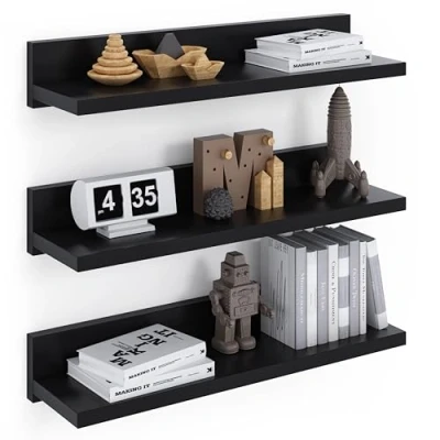 Image of ComfortCove Floating Shelves 39cm, Wall Mounted Shelf, 3 Black Screw Mounted, Hanging Set of for Bedroom, Bathroom, Living Room, Kitchen, Home Office.