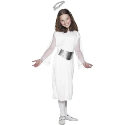 Image of Smiffys Angel Costume, White with Dress, Belt &amp; Halo, Christmas Children&#039;s Fancy Dress Up Costumes
