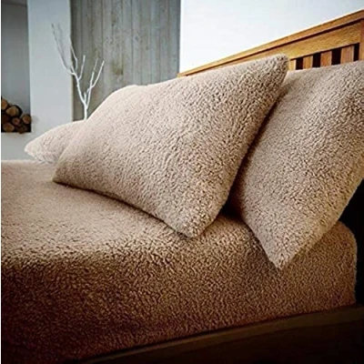 Image of Sleepdown Teddy Fleece Plain Thermal Warm Cosy Super Soft Bedsheet Bed Linen Natural, Double Fitted Sheet