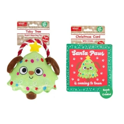 Image of YöL Set of 2 Plush Christmas Tree Book &amp; Rope Toy Pet Dog Puppy Squeaker Chew Tug War Festive Play Interactive
