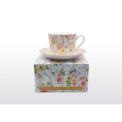 Image of Bone China Breakfast Cup/Saucer Pink Bouquet Gift Boxed Postage Free UK