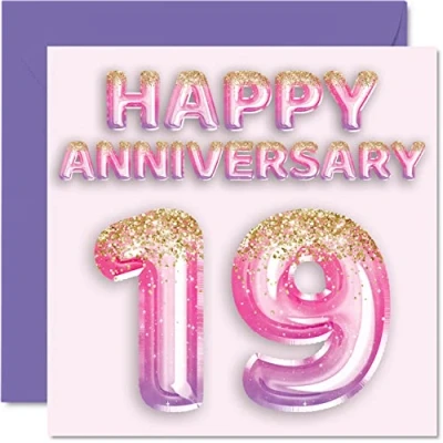 Image of Pretty 19th Anniversary Card for Wife Girlfriend Husband Boyfriend Pink Purple Glitter Balloons Happy 19 Cards from Family, 145mm x Greeting Nineteenth Anniversaries