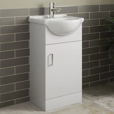 Image of Affine® 450mm Vanity Unit Basin Sink Bathroom Storage Cabinet Cupboard Freestanding, Single Tap Hole Ceramic Wash Basins, Soft Close Door, White Gloss
