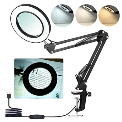 Image of Magnifying Lamp with Clamp,8X Magnifier Lamps 3 Colors &amp; 10 Brightness Dimmable Glass Led Lamp, 19 Inch Adjustable Swivel Arm Craft Light