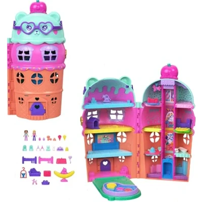 Image of Polly Pocket Micro Dolls &amp; Large Gelato House Playset, Ice Cream Bear Theme with 25+ Accessories including Furniture, Food, and Pets, JKB89