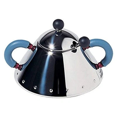 Image of Alessi 9097 Sugar Bowl and Spoon in Stainless Steel, Blue,10.5cm diameter, 8cm high, 20cl centilitre capacity.