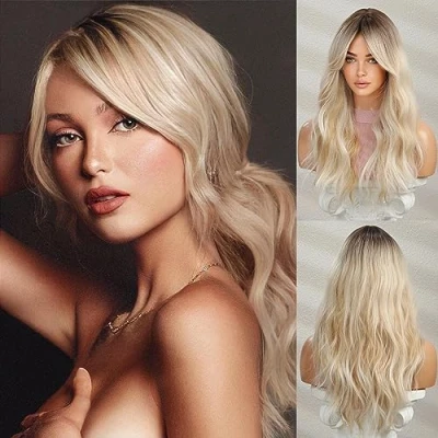 Image of Honygebia Wavy Blonde Wig with Bangs Ombre Curtain Bang Wigs for Women, Long Wave Ash Blond Dark Roots Hair, Synthetic Heat Resistant Natural Cute Halloween/Christmas/Cosplay/Costume/Party