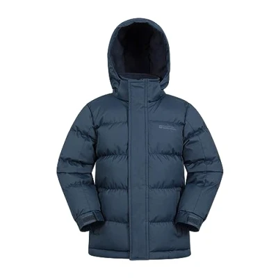 Image of Mountain Warehouse Snow Padded Kids Jacket Water Resistant Coat with Fleece Lined Hood, Adjustable Cuffs &amp; Side Pockets For Winter, Walking, Travel Outdoors Dark Blue Size 9 10 Years