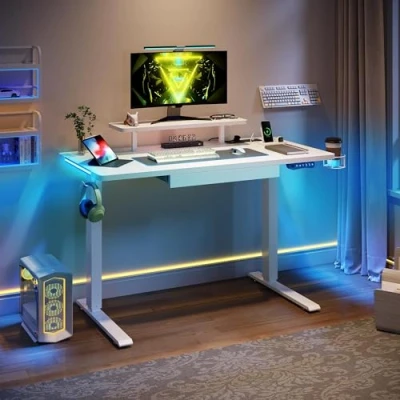 Image of YITAHOME Electric Standing Desk with Charging Station,Sit Stand LED Lights,2 AC Outlets,2 USB Ports,Height Adjustable Drawer,Stand Up Heavy Duty Steel 4 Memory Smart Pannel
