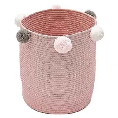 Image of KIKOM Natural Woven Storage Basket, Laundry Basket,Blanket Basket,Woven Cotton Rope Basket,Children &amp; Pet Toy 12&quot; x 14&quot; Round Basket And Fur Ball 1PC Pink
