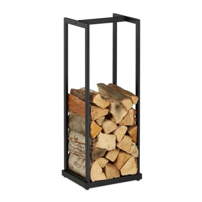 Image of Relaxdays Firewood Rack, Tall Wood Storage, for Fireplace, Metal, Steel, Stack Logs, HxWxD 95 x 37 30 cm, Black, Alloy