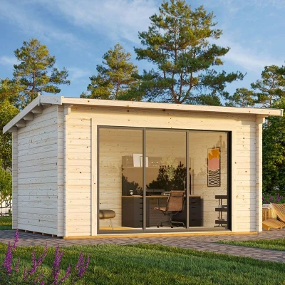 Image of Palmako Ines 4.3m x 3.8m Double Glazed Log Cabin Garden Office Sliding Doors Plus (44mm)