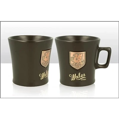 Image of Elgate Wales Cymru Metal Shield Ceramic Black Mug Gift Souvenir Cup Tea Coffee Welsh