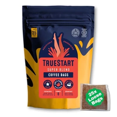 Image of TrueStart Loose 25 Coffee Bags Super Blend, Quick Brew Bag, Biodegradable in Recyclable Pouch, Little for Travel