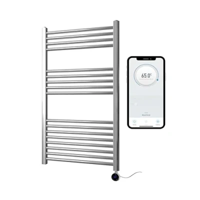 Image of Greened House Chrome Electric Smart WiFi Controlled Heated Towel Rail 600mm W x 1000mm H Flat 7 Day Programmable Timer App Compatibility