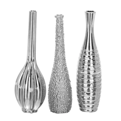 Image of Deco 79 Ceramic Bud Vase with Varying Patterns, Set of 3 3&quot;W, 12&quot;H, Silver