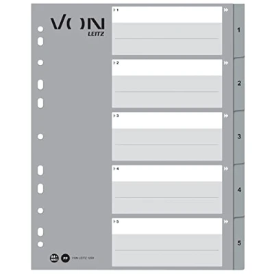 Image of VON Leitz Pack of 10 A4 Number Indexes, 1 5 Numbered Dividers for Folders, Polypropylene, Extra Wide, 11 Hole Universal Index Loose Leaf Folders and Ring Binders, Grey, 12590085