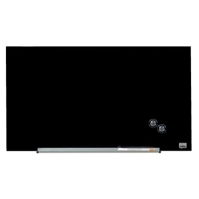 Image of Nobo Glass Magnetic Whiteboard with Removable Pen Tray, 680 x 380 mm, InvisaMount Mounting System, Impression Pro, Black, 1905179