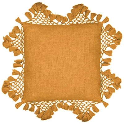 Image of Yard Anko Macrame Tasselled Feather Filled Cushion Ginger Cotton One Size