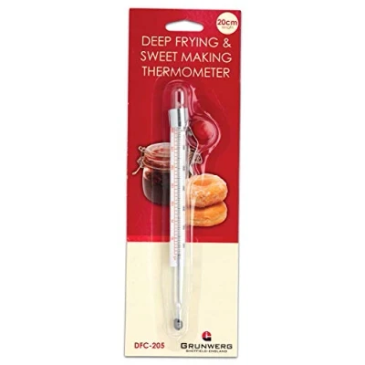 Image of Grunwerg Deep Frying/Sweet Making Sugar Kitchen Thermometer, Glass and Stainless Steel, 20cm Length, White