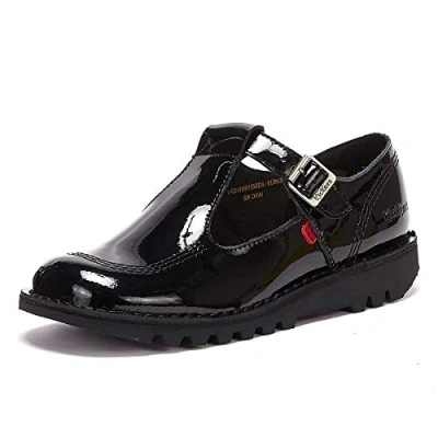 Image of Kickers Women&#039;s Kick T Bar Black Leather School Shoes, Patent Black, 8 UK