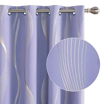Image of Deconovo Blackout Eyelet Curtains Thermal Insulated Gold Wave Line Foil Printed for Bedroom 46x90 Inch Light Purple 2 Panels