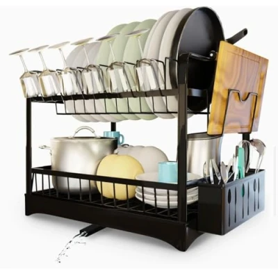 Image of H&amp;J 2 Tier Dish Drainer, Drying Rack, Anti Rust Rack with Drip Tray, Black Kitchen Removable Cutlery Holder, Drainage Spout Free