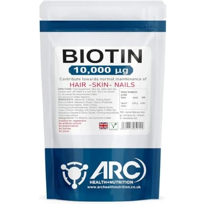 Image of Biotin 10,000mcg Hair Growth Supplement, Vitamin B7, 365 Tablets Suitable for Vegetarian and Vegan, Made in UK