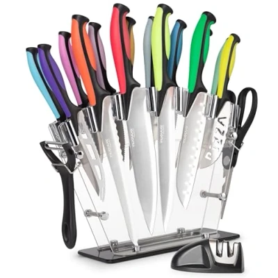 Image of nuovva Professional Kitchen Knife Set with Block Colourful 17 Piece Knives Steak Clear Acrylic High Carbon Stainless Steel Blades Sharpener Peeler and Scissors