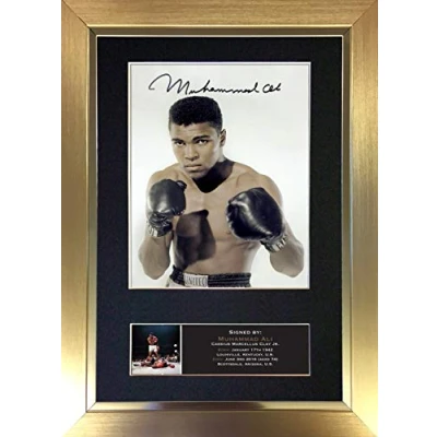 Image of MUHAMMAD ALI No2 Signed Autograph Mounted Photo Reproduction PRINT A4 Rare Perfect Birthday (297 x 210mm) #746 (Gold Frame)