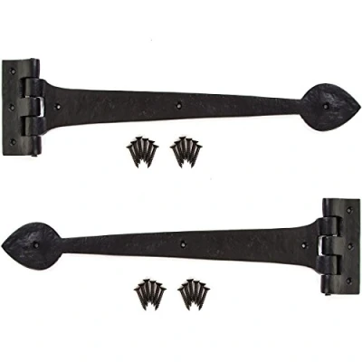 Image of Pair of Long Black Cast Iron T Door Hinges 14&quot; in Country Arrow/Spear Strap Design