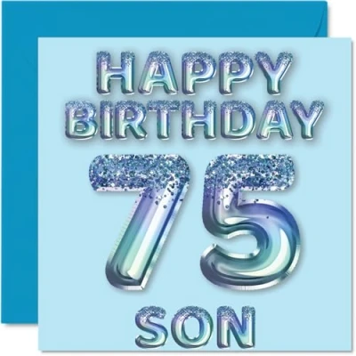 Image of 75th Birthday Card for Son Blue Glitter Party Balloons Happy Cards 75 Year Old from Mum Dad Parents, 145mm x Bday Greeting Gift