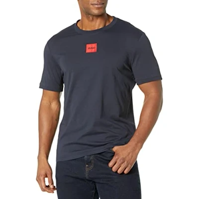 Image of HUGO Men&#039;s Ribbed Crew Neck Regular Fit Center Logo T Shirt, Space Navy, XL