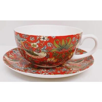 Image of Rainbow Decors William Morris Strawberry Thief Red Cup &amp; Saucer Arts Crafts Art Nouveau 300 ml Cappuccino Set Hand Decorated UK